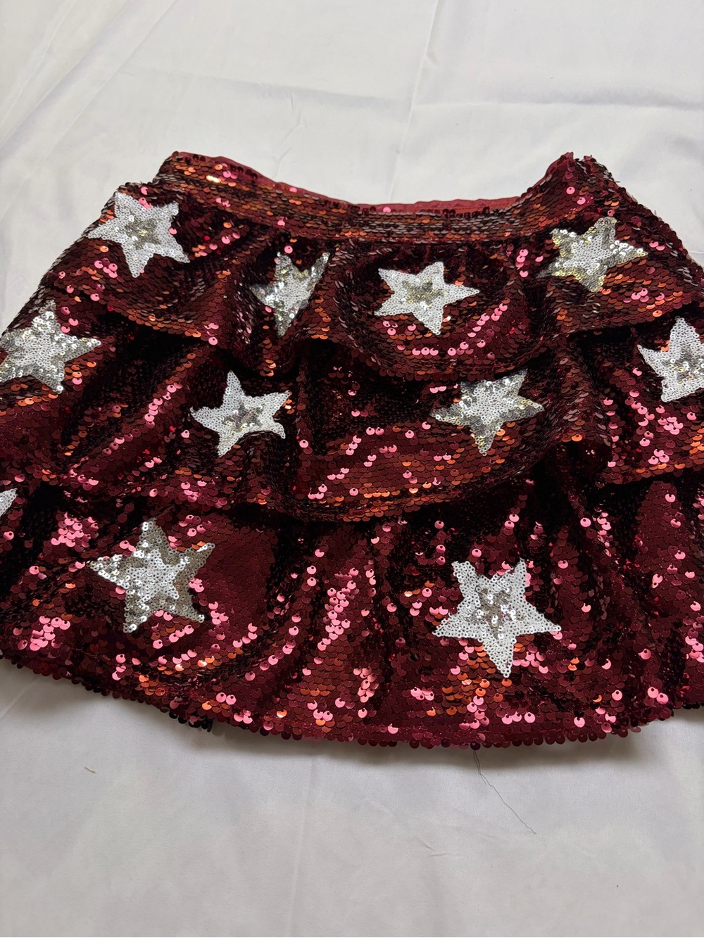 Peach Love California Burgundy Sequin Star Tiered Mini Skirt